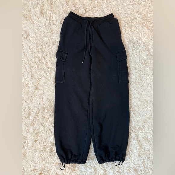 Uniqlo Sweat Cargo Joggers pants elastic hem waist drawstring black cotton SZ ZS - Picture 1 of 7